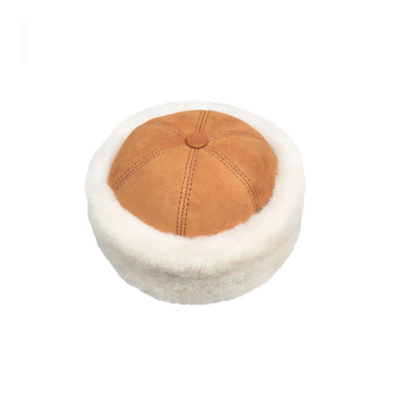 Hemsedal – cognac skinnlue (beanie) i semsket lammeskinn med kremhvit ullkant, sett ovenfra